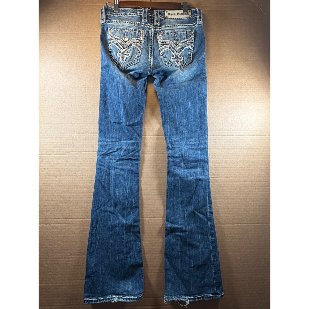 Rock Revival Klandi Bootcut Jeans Womens‎ 27 Blue Distressed Embroidered Y2K Low